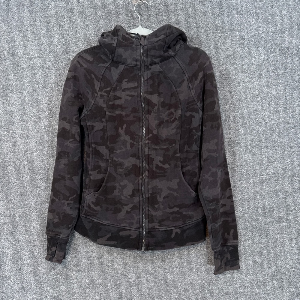 Lululemon Scuba Hoodie Women 6 Black Camo Fleece Jacket Sweatshirt Zip Up